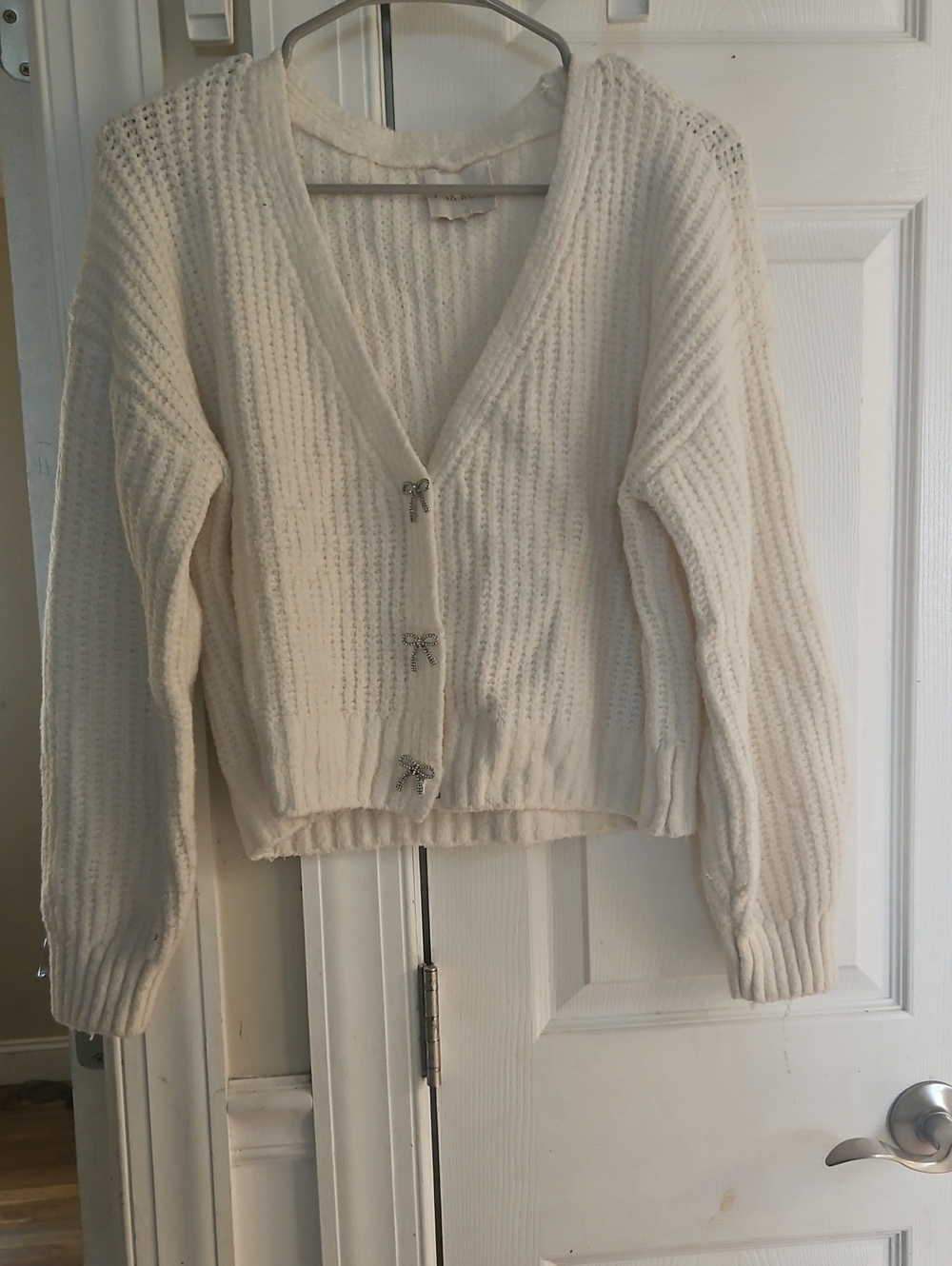 Pink Rose Cream V-Neck Knit Cardigan with Bow Buttons